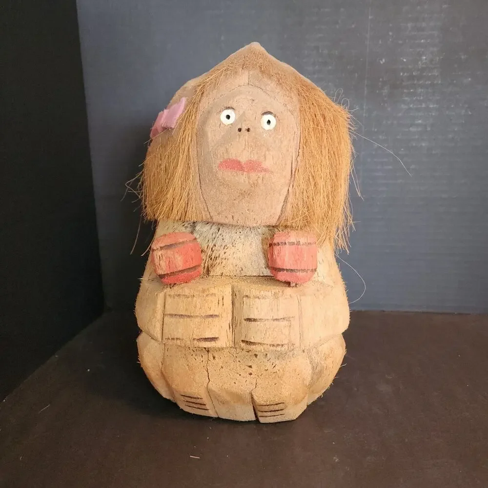 Vintage Carved Coconut, Figure Holding Maracas, Folk Art, Tiki Bar